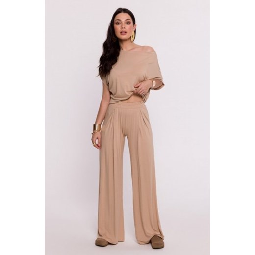 Bewear B289 spodnie wiskozowe z zakładką beżowe ze sklepu intimiti.pl w kategorii Spodnie damskie - zdjęcie 187895573