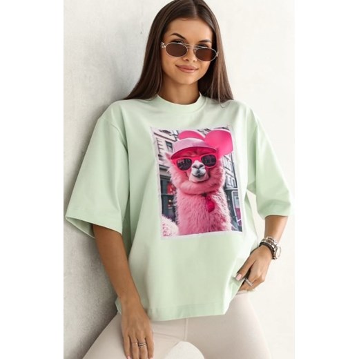 Oversizowy t-shirt damski lama pistacjowy ze sklepu intimiti.pl w kategorii Bluzki damskie - zdjęcie 187897500