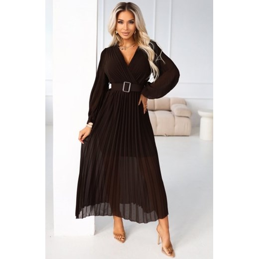 Numoco 414-11 KLARA plisowana elegancka sukienka midi z paskiem i dekoltem ze sklepu intimiti.pl w kategorii Sukienki - zdjęcie 187897713