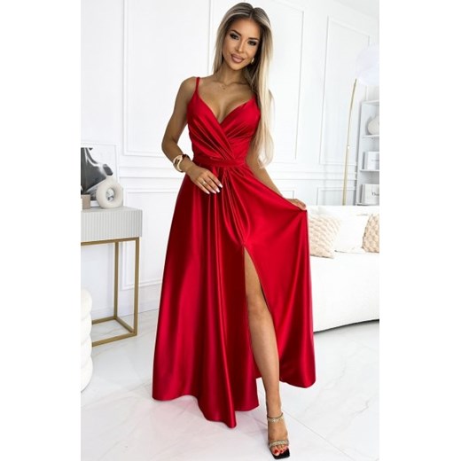 Numoco 512-5 JULIET elegancka długa satynowa suknia z dekoltem i rozcięciem na nogę ze sklepu intimiti.pl w kategorii Sukienki - zdjęcie 187898351