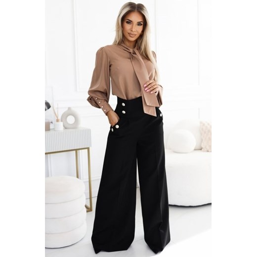 Numoco 496-2 eleganckie szerokie spodnie z kieszeniami, wysokim stanem i złotymi guzikami ze sklepu intimiti.pl w kategorii Spodnie damskie - zdjęcie 187898871