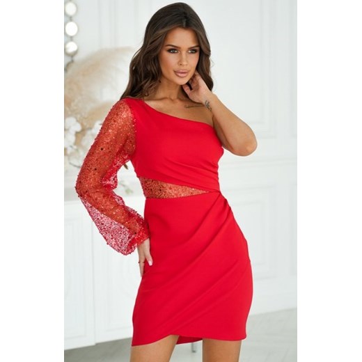 Bicotone mini sukienka cekinowa na jedno ramię czerwona ze sklepu intimiti.pl w kategorii Sukienki - zdjęcie 187899343