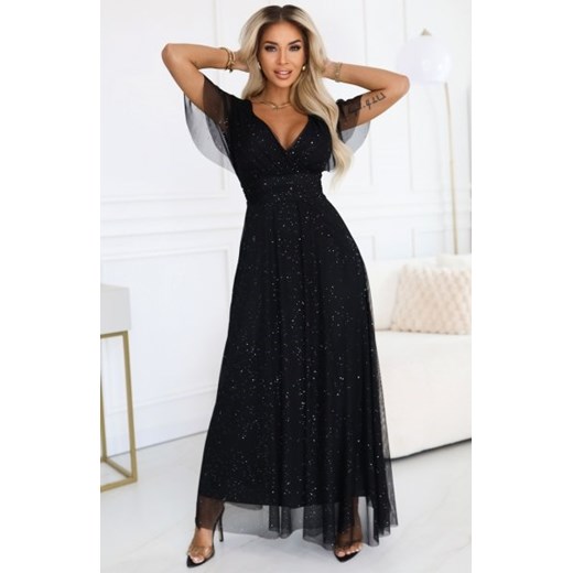 Numoco 635-2 MELANIA długa błyszcząca suknia z dekoltem i krótkim rękawkiem ze sklepu intimiti.pl w kategorii Sukienki - zdjęcie 187899441