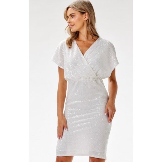 Awama A698 kopertowa sukienka cekinowa midi  biała ze sklepu intimiti.pl w kategorii Sukienki - zdjęcie 187899724