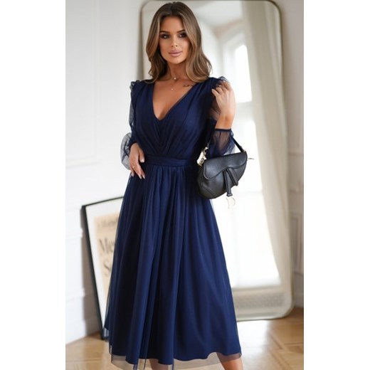 Bicotone 269-01 sukienka midi z tiulowymi rękawami granatowa ze sklepu intimiti.pl w kategorii Sukienki - zdjęcie 187900034