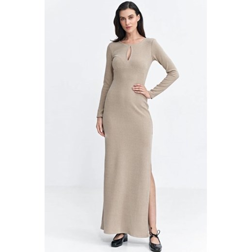 Sukienka maxi z łezką na dekolcie beżowa ze sklepu intimiti.pl w kategorii Sukienki - zdjęcie 187901523