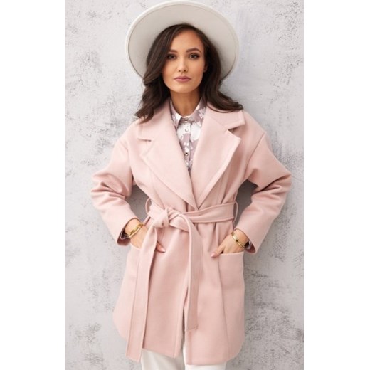 Wełniany płaszcz damski wiązany różowy 0025 ze sklepu intimiti.pl w kategorii Płaszcze damskie - zdjęcie 187905981