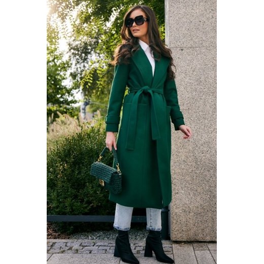 Długi płaszcz z wiązaniem zielony 0017-1 ze sklepu intimiti.pl w kategorii Płaszcze damskie - zdjęcie 187906500