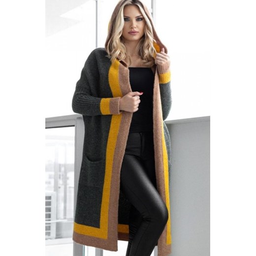 Długi kardigan damski z kapturem 30085 khaki ze sklepu intimiti.pl w kategorii Swetry damskie - zdjęcie 187906702