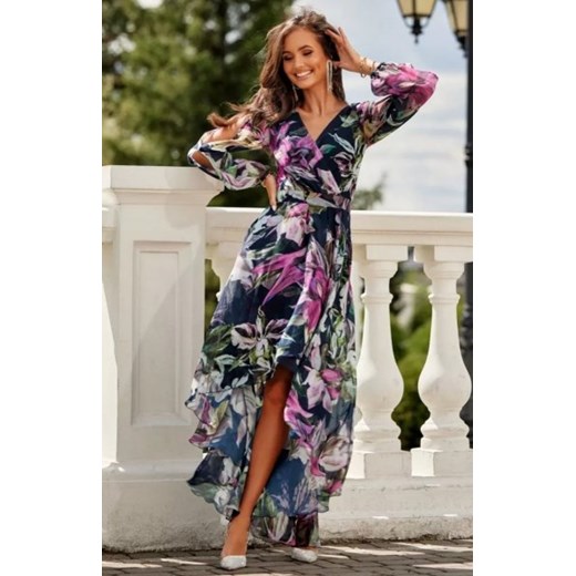 Asymetryczna maxi sukienka szyfonowa w fioletowe kwiaty ze sklepu intimiti.pl w kategorii Sukienki - zdjęcie 187907823