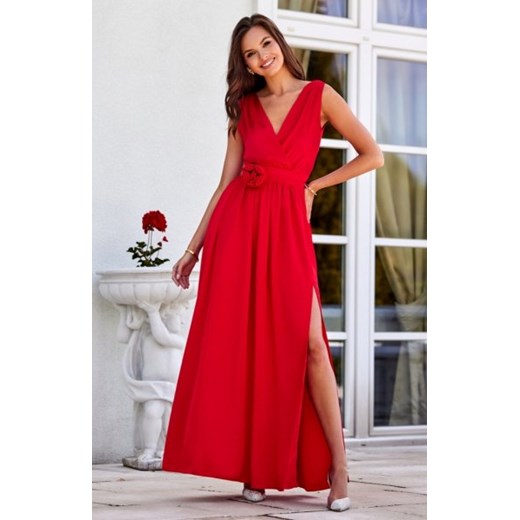 Satynowa maxi sukienka z ozdobną różą czerwona ze sklepu intimiti.pl w kategorii Sukienki - zdjęcie 187908893