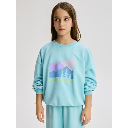 Reserved - Bawełniana bluza z nadrukiem - jasnoturkusowy ze sklepu Reserved w kategorii Bluzki dziewczęce - zdjęcie 187909562