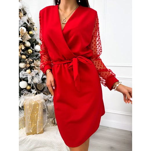 Czerwona Sukienka z Ozdobnym Rękawem ze sklepu ModnaKiecka.pl w kategorii Sukienki - zdjęcie 187910693