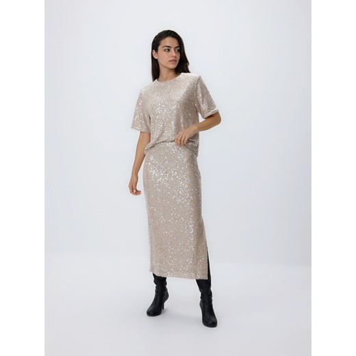Reserved - Cekinowa spódnica midi - kremowy ze sklepu Reserved w kategorii Spódnice - zdjęcie 187913801