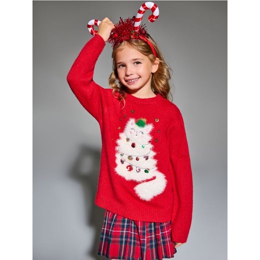 Sinsay - Świąteczny sweter z kotem ozdobionym cekinami - czerwony ze sklepu Sinsay w kategorii Swetry dziewczęce - zdjęcie 187915832