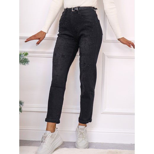 SPODNIE JEANSOWE MOM FIT Z PRZETARCIAMI I CEKINAMI-CZARNE ze sklepu olika.com.pl w kategorii Jeansy damskie - zdjęcie 187916510