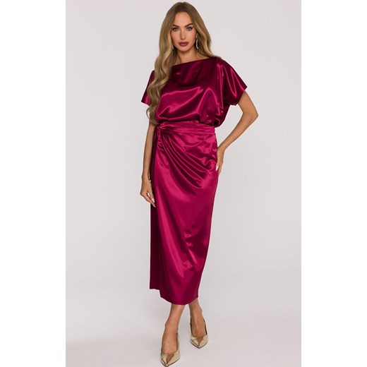 Satynowa sukienka damska z wiązaniem bordowa M887, Kolor bordowy, Rozmiar 2XL/3XL, MOE ze sklepu Primodo w kategorii Sukienki - zdjęcie 187917830