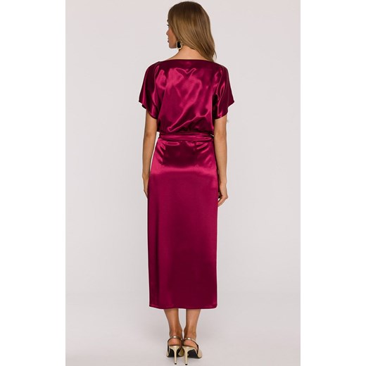 Satynowa sukienka damska z wiązaniem bordowa M887, Kolor bordowy, Rozmiar Moe S/M okazja Primodo