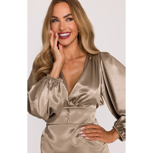 Sukienka mini z bufiastymi rękawami złota M888, Kolor złoty, Rozmiar L, MOE Moe XL okazja Primodo