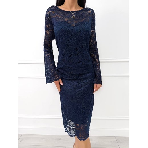 Granatowa Koronkowa Sukienka Plus Size z Rozszerzanymi Rękawami ze sklepu ModnaKiecka.pl w kategorii Sukienki - zdjęcie 187923932