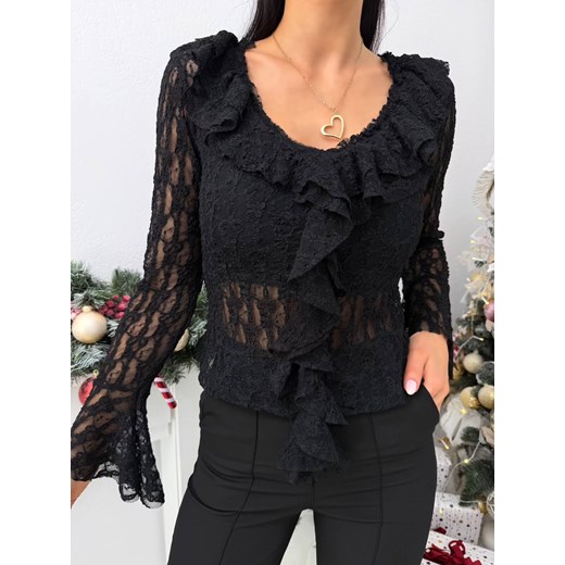 Czarna Koronkowa Bluzka z Żabotem ze sklepu ModnaKiecka.pl w kategorii Bluzki damskie - zdjęcie 187924742