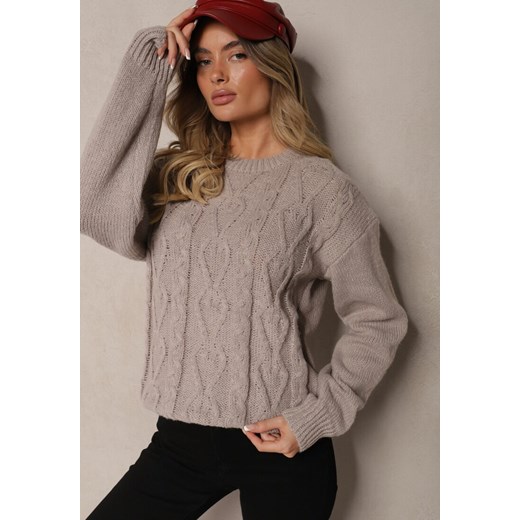 Szary Sweter z Wełną Ozdobnym Splotem i Ściągaczem Nariae ze sklepu renee.pl w kategorii Swetry damskie - zdjęcie 187928363