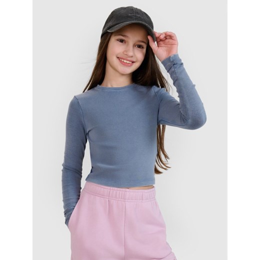 Dziewczęcy longsleeve crop top gładki 4F 4FJWSS25TLONF430 - granatowy ze sklepu Sportstylestory.com w kategorii Bluzki dziewczęce - zdjęcie 187930770