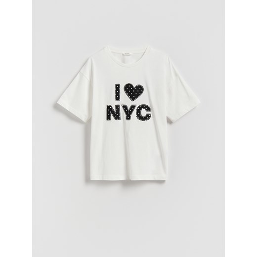 Reserved - T-shirt z aplikacją - złamana biel Reserved 164 (13 lat) Reserved