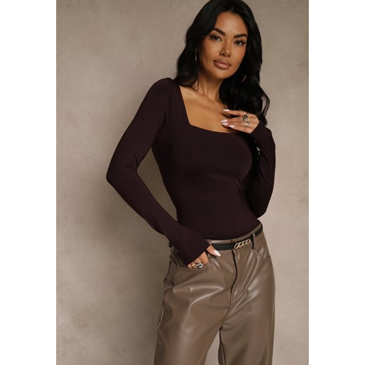 Bordowa Bluzka Longsleeve z Wiskozą i Kwadratowym Dekoltem Selusei ze sklepu renee.pl w kategorii Bluzki damskie - zdjęcie 187932611