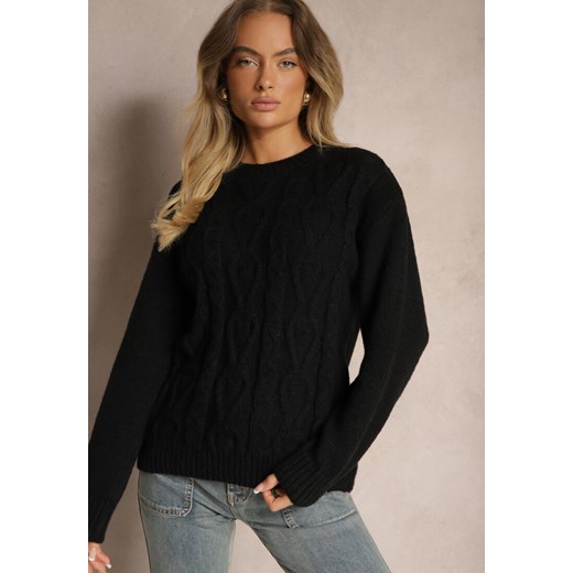 Czarny Sweter z Wełną Ozdobnym Splotem i Ściągaczem Nariae ze sklepu renee.pl w kategorii Swetry damskie - zdjęcie 187935374
