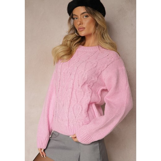Różowy Sweter z Wełną Ozdobnym Splotem i Ściągaczem Nariae ze sklepu renee.pl w kategorii Swetry damskie - zdjęcie 187935384