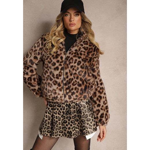 Brązowa Futrzana Kurtka Bomberka ze Stójką w Panterkowy Wzór Vialista ze sklepu renee.pl w kategorii Futra damskie - zdjęcie 187957912