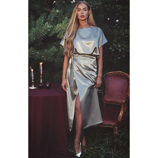 Satynowa sukienka damska z wiązaniem złota M887, Kolor złoty, Rozmiar 2XL/3XL, MOE ze sklepu Primodo w kategorii Sukienki - zdjęcie 187963370