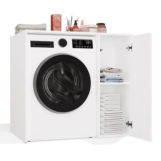 Biała szafka na pralkę z zamykanym regałem C2-N99 ze sklepu Edinos.pl w kategorii Szafki i regały łazienkowe - zdjęcie 187963832