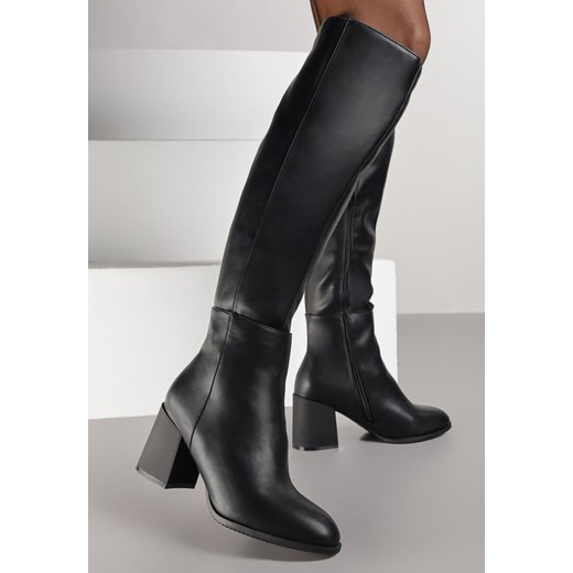 Czarne Kozaki Vices na Obcasie Ozdobione Przeszyciami Cidvira ze sklepu born2be.pl w kategorii Kozaki damskie - zdjęcie 187965154