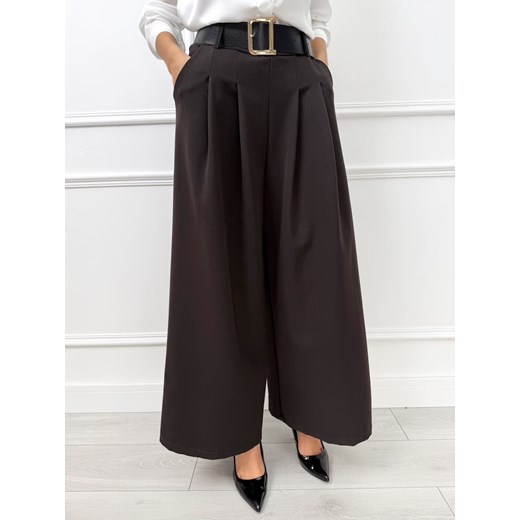 Czekoladowe Eleganckie Spodnie z Szerokimi Nogawkami Modnakiecka.pl L/XL ModnaKiecka.pl