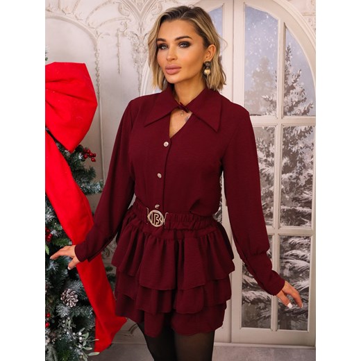 KOMPLET KOSZULA + SPÓDNICA Z FALBANAMI I PASKIEM- BORDOWY ze sklepu olika.com.pl w kategorii Komplety i garnitury damskie - zdjęcie 187973514