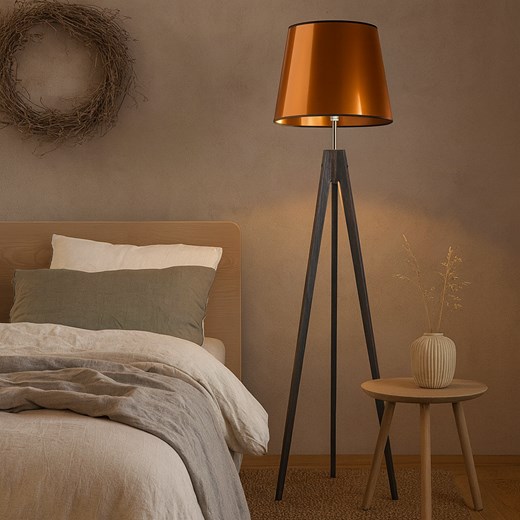 Drewniana lampa stojąca na trójnogu do sypialni ARUBA MIRROR ze sklepu Lysne w kategorii Lampy podłogowe - zdjęcie 187973962