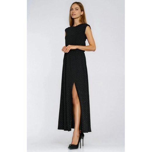Czarna długa dzianinowa sukienka z błyszczącymi, srebrnymi dżetami ze sklepu intimiti.pl w kategorii Sukienki - zdjęcie 187977274