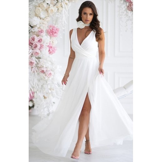 Efektowna długa sukienka z paskiem z różyczką ecru ze sklepu intimiti.pl w kategorii Sukienki - zdjęcie 187977363