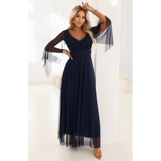 Numoco 655-3 długa połyskująca w świetle suknia z dekoltem i transparentnym rękawkiem ze sklepu intimiti.pl w kategorii Sukienki - zdjęcie 187977440