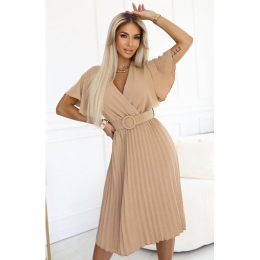 Numoco 607-2 LYRA plisowana sukienka midi z kopertowym dekoltem i szerokim paskiem ze sklepu intimiti.pl w kategorii Sukienki - zdjęcie 187977862