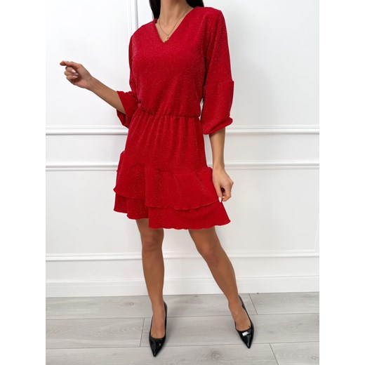 Czerwona Połyskująca Sukienka z Falbanką Modnakiecka.pl 38 ModnaKiecka.pl
