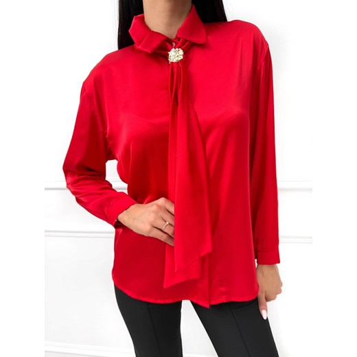 Czerwona Satynowa Koszula z Ozdobnym Krawatem Modnakiecka.pl 38 ModnaKiecka.pl