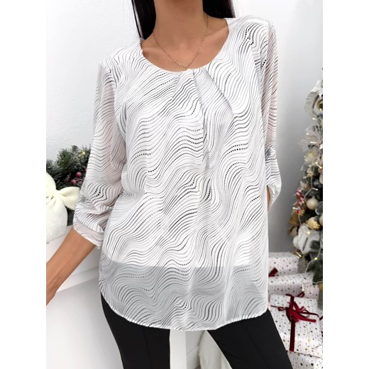 Biała Elegancka Bluzka z Czarnym Wzorem ze sklepu ModnaKiecka.pl w kategorii Bluzki damskie - zdjęcie 187979723