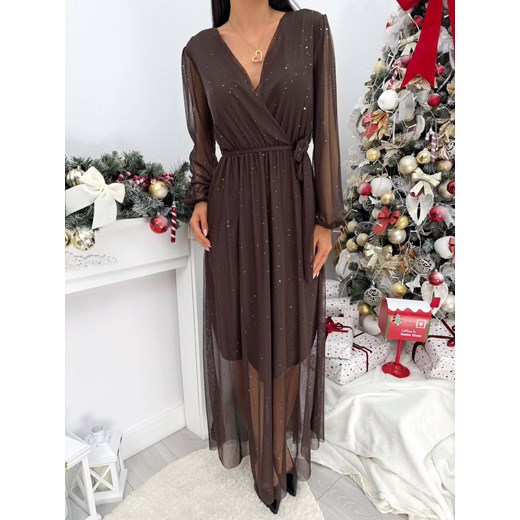 Czekoladowa Połyskująca Sukienka Maxi z Siateczki ze sklepu ModnaKiecka.pl w kategorii Sukienki - zdjęcie 187979730