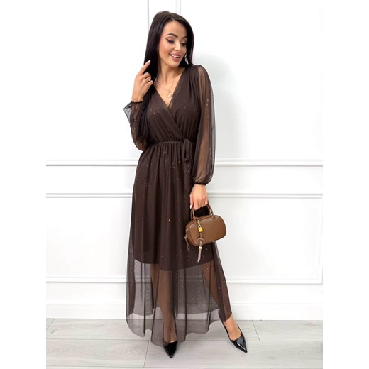 Czekoladowa Połyskująca Sukienka Maxi z Siateczki Modnakiecka.pl 46 ModnaKiecka.pl
