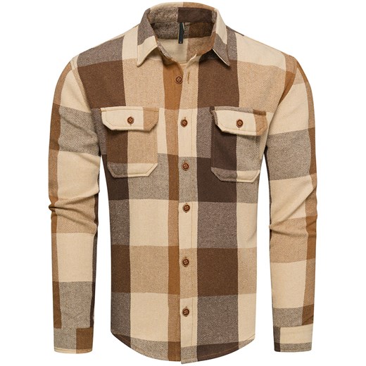 Koszula flanelowa męska w kratę beżowo-brązowa Recea ze sklepu Recea.pl w kategorii Koszule męskie - zdjęcie 187982850