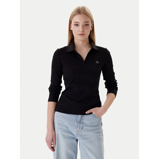 Calvin Klein Bluzka Ls Woven Label LV047E203G Czarny Slim Fit ze sklepu MODIVO w kategorii Bluzki damskie - zdjęcie 187989284