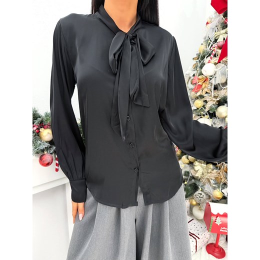Czarna Satynowa Koszula z Wiązaniem przy Dekolcie Modnakiecka.pl 44 ModnaKiecka.pl